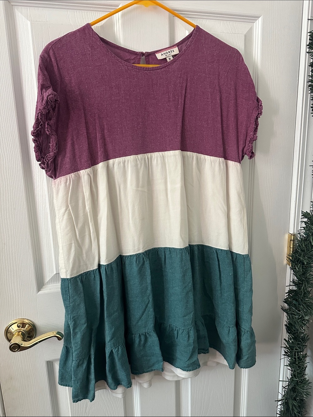 Andree Plum, Cream & Teal Tiered Tunic with Ruffle Sleeves